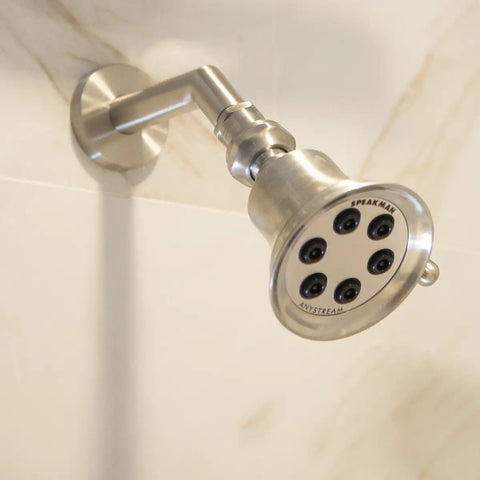 Neo Shower Arm And Flange Brushed Nickel 7 Inch Modern Design Brass Construction Half Inch NPTM Inlet And Outlet Durable Shower Upgrade For Contemporary Bathrooms installed with showerhead