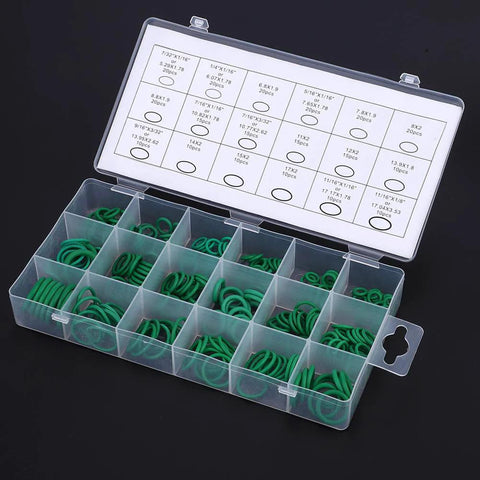 High-temperature O-ring sealing kit, 270 green nitrile rings in multiple sizes, stored in a clear plastic storage box.
