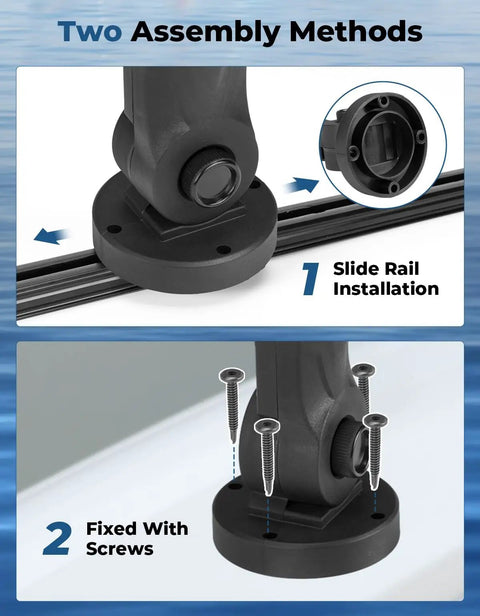 Two assembly methods for game changing trolling motor stabilizer with 180 degree rotation, screw and slide rail install
