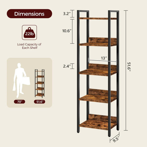 Keep Your Home Looking Fresh With This Five Tier Bookshelf, Tough As Nails Metal Standing Shelves For Tight Spaces, Rustic Brown And Black Storage Organizer That Always Delivers dimensions with height 51.6 inches and load capacity of 22 pounds.