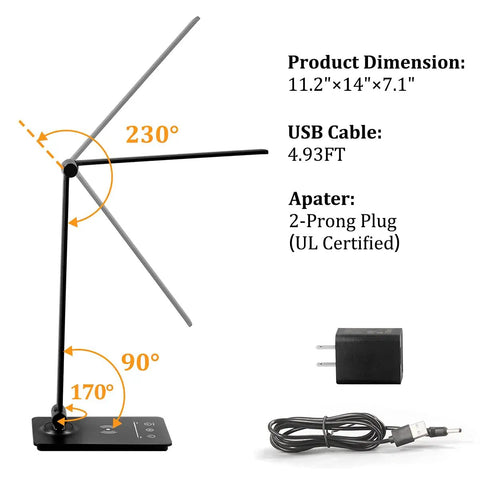 Lit LED Desk Lamp With Wireless Charger For Dorms And Office, 5 Color Modes And Full Dimming, adjustable arm angles shown