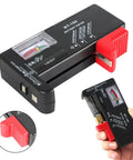 Handy Universal Battery Tester BT 168 Checker For AA AAA C D 9V And Button Cells No Battery Needed To Run Portable Pocket Power Meter For Home Office And Workshop Quick Battery Health Readouts, black plastic hand-held tester with red grip