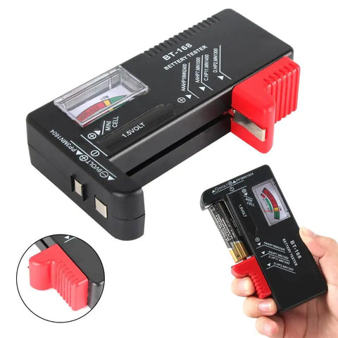Handy Universal Battery Tester BT 168 Checker For AA AAA C D 9V And Button Cells No Battery Needed To Run Portable Pocket Power Meter For Home Office And Workshop Quick Battery Health Readouts, black plastic hand-held tester with red grip