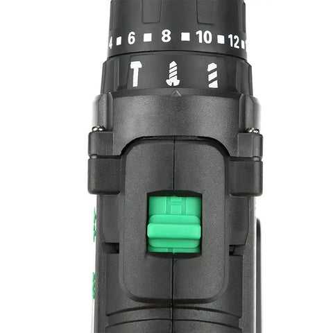 Close-up of the directional switch on the Professional Grade Heavy Duty Badass Cordless Drill 21V Electric Power Tool.