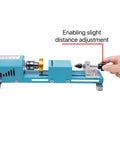 Slick Compact Mini Wood Lathe Machine With Multi Purpose Turning And Milling Kit For Polishing Grinding And Cutting 24V DC 96 Watt 7 Speeds Right Out The Box Ready, showing distance adjustment feature.