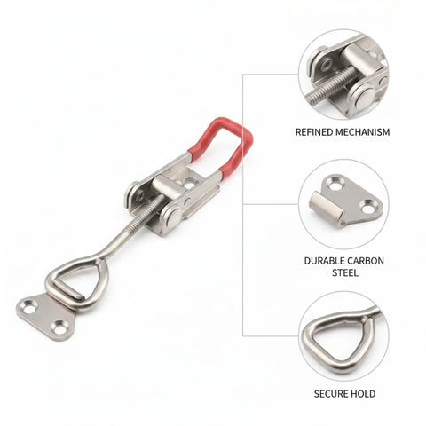 Toggle Clamp Latch Over Center Locking Mechanism, carbon steel, silver finish, secure hold with refined mechanism and durability details.