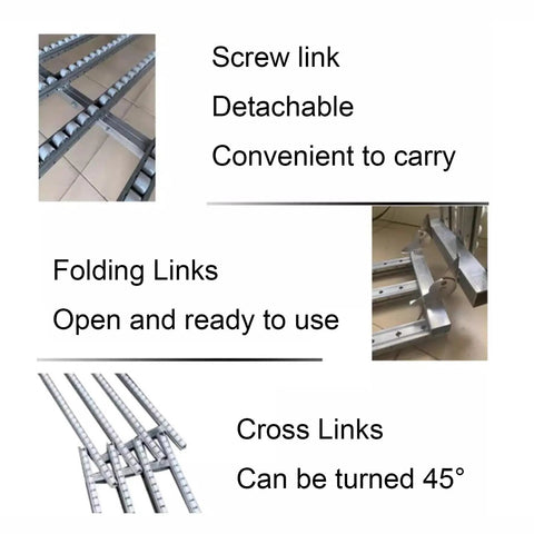 No Sweat Gravity Roller Conveyor Unloading Slide With Durable Steel Stand And Abs Plastic Rollers Lightweight Freight Transfer Rail showing screw and cross links.