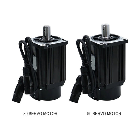 Two black servo motors (80/90 series) with attached cables and drive shafts.
