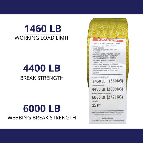 Heavy Duty Ratchet Tie Down Straps 2 Inch Wide By 15 Foot Long For Safe Cargo Securement 4,400 Pound Breaking Strength tag