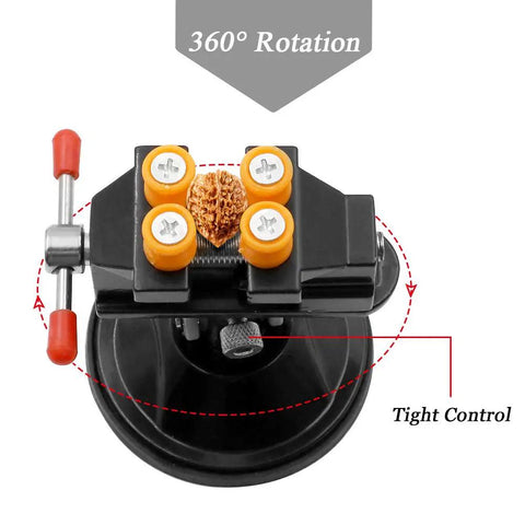 Top view of Universal Mini Drill Press Vise With Suction Cup Base 360 Degree Rotation And Quick Tighten Lightweight Aluminum Alloy.