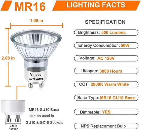 Specifications of GU10 Halogen Bulb Dimmable 50W 120V Warm White 2800K With Glass Cover 500 Lumen MR16 GU10 Base