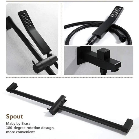 Total Game Changer In Wall Concealed Waterfall Shower System Solid Lead Free Copper Matte Black Vacuum Plated Finish sprayer and spout details.