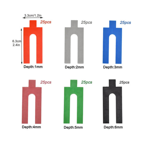 Pro Grade Leveling And Spacing Shims Kit With 150 Pcs U Shaped Tile Spacers 1mm 2mm 3mm 4mm 5mm 6mm For Window And Door Installation And Woodworking By Left Bridge shown in six colors.