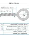 Diagram of 10 Pack 3.2 Inch Heavy Duty Screw Eyes Hooks dimensions and specifications, zinc-plated carbon steel, self-tapping eye bolts.