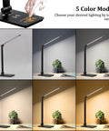Lit LED Desk Lamp With Wireless Charger For Dorms And Office, 5 Color Modes And Full Dimming, touch control display, lamp angles.