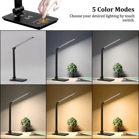 Lit LED Desk Lamp With Wireless Charger For Dorms And Office, 5 Color Modes And Full Dimming, touch control display, lamp angles.