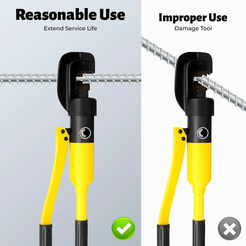 Heavy Duty 13 Ton Hydraulic Bolt Cutter image showing proper and improper use, highlighting effective application for thick steel.