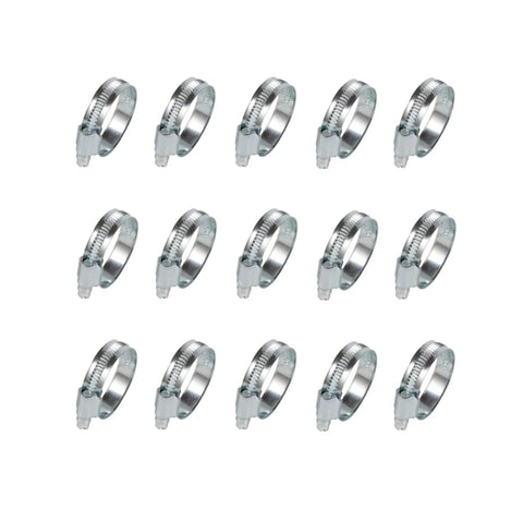 Front view of 15-pack DAFU hose clamps, 5/9 in to 1-1/10 in, adjustable worm-gear, 304 stainless steel band