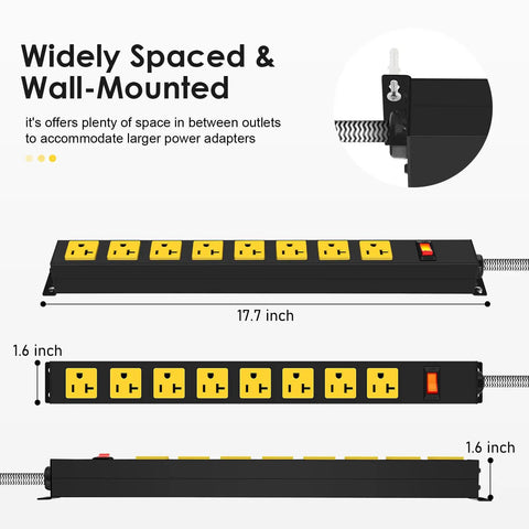 Rugged 20 Amp Metal Power Strip Surge Protector With 8 Outlets And Six Foot 12 Gauge Extension Cord wall-mounted display