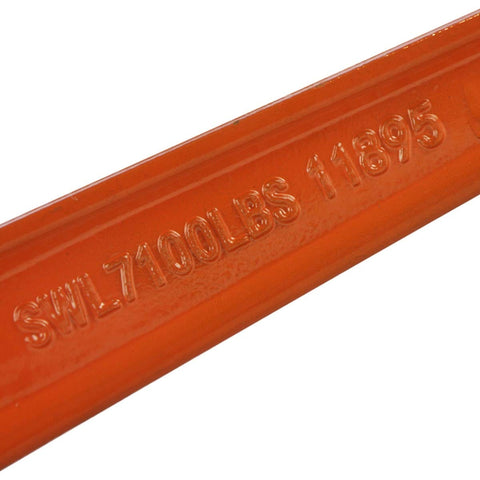 Close-up of 7100 lb SWL marking on the Beefy Ratchet Style Load Binder With Two Grab Hooks 7100 Lb Safe Working Load Fits 5/16 Or 3/8 Inch Grade 70 And Grade 80 Chain Forged Steel Pawl And Gear For Safe, Easy Tie Down.