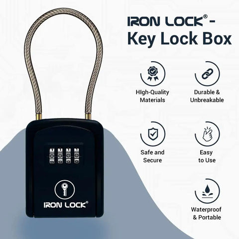 Rugged Outdoor Key Lock Box With Cable Shackle, Small Waterproof Metal Safe, 4 Digit Combo For Spare Keys Left Outside On Door Knob