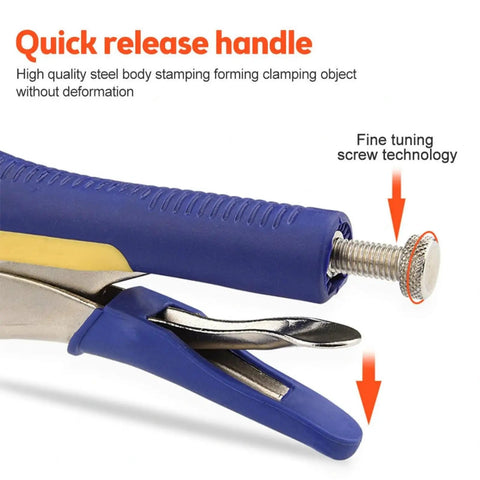 Close-up of Industrial Grade C Type Lock Clamp Combination Set With Rotating Pad fine tuning screw and quick release handle.