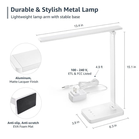 Durable metal LED Desk Lamp With USB Charging Port, 700 Lumens Dimmable Touch Control Table Lamp, white, ideal for home office.