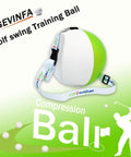 Golf Swing Trainer Ball For Solid Forearm Connection And Clean Impact Position with green and white design and strap.