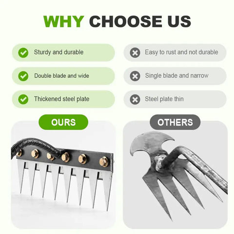 Comparison of Heavy Duty Weeding Rake Version 2 With 5 6 7 8 Teeth Carbon Steel Garden Tool and a standard rake