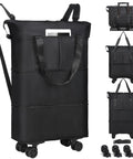 VOOWO black rolling duffel bag with wheels, front view showing top carry handles, shoulder strap, and exterior pocket.