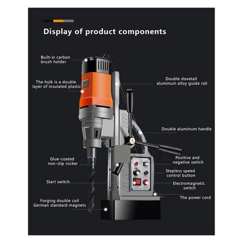 Pro Grade Magnetic Drill Press Variable Speed Bench Drilling Machine Built Like A Tank For Wood And Metal Projects with detailed components.
