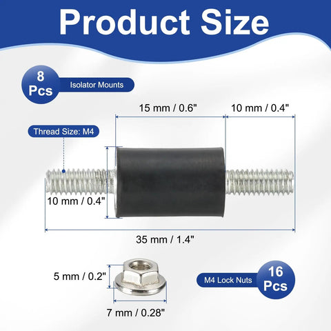 Rock Solid M4 Rubber Isolator Mounts with M4 Lock Nuts Crush the Vibration Damping Shock Absorber Studs for Motor Air Compressor Engine 10X15mm 35mm Height with size details.