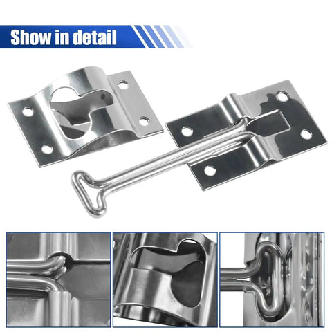 Close-up of 2 Pack RV Door Latch 4 Inch T Style Exterior Door Hold Hook And Keeper Stainless Steel Entry Door Holder, detail view