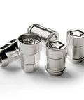 Straight Fire M12x1.5 Acorn Cone Seat Wheel Locks Four Piece Set With Custom Key, chrome-plated locking nuts for car rims.