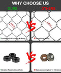 Comparison of drag harrow mesh sizes and lock nuts; 2.36 in consistent mix vs 3.36 in inconsistent mix; vibration-resistant nuts vs easy-loosening nuts