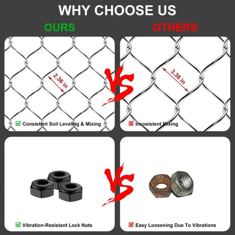 Comparison of drag harrow mesh sizes and lock nuts; 2.36 in consistent mix vs 3.36 in inconsistent mix; vibration-resistant nuts vs easy-loosening nuts