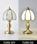 Retro Mushroom Table Lamp With Frosted Glass Shade And Brass Base turned off and on, showcasing the light ambiance, 7.4 x 13.7 in.