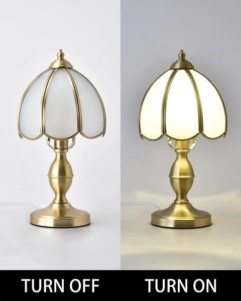Retro Mushroom Table Lamp With Frosted Glass Shade And Brass Base turned off and on, showcasing the light ambiance, 7.4 x 13.7 in.