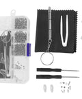 Eyeglass Repair Tools Kit With Screws Nose Pads And Tiny Screwdriver For Quick Glasses Fix On The Go Portable Eyewear Maintenance Kit For Enthusiasts And DIY Fixers featuring a travel pouch, screwdrivers, nose pads, and assorted screws.