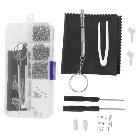 Eyeglass Repair Tools Kit With Screws Nose Pads And Tiny Screwdriver For Quick Glasses Fix On The Go Portable Eyewear Maintenance Kit For Enthusiasts And DIY Fixers featuring a travel pouch, screwdrivers, nose pads, and assorted screws.