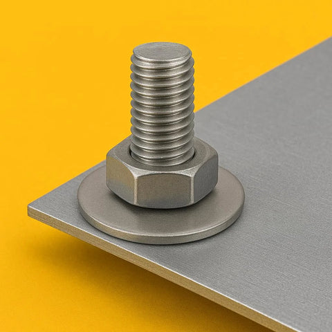 Stainless steel bolt with flat washer and hex nut mounted on a metal panel (front view)