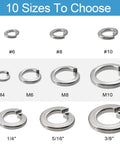 Set Of 100 No 10 Split Lock Washers For Rugged Jobs, 304 Stainless Steel With Silver Finish, multiple sizes displayed