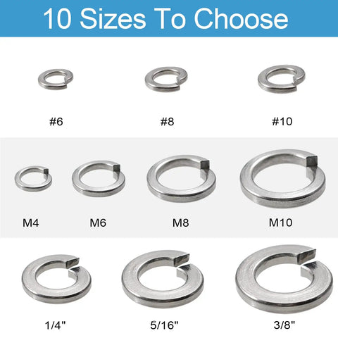 Set Of 100 No 10 Split Lock Washers For Rugged Jobs, 304 Stainless Steel With Silver Finish, multiple sizes displayed