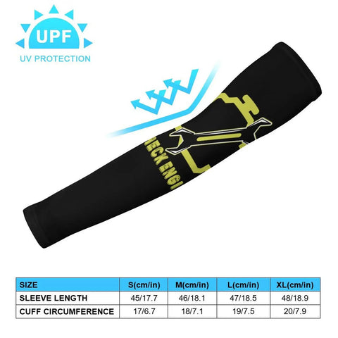 Cool Sun Protection Compression Arm Sleeves With Check Engine Light Graphic in black large size with breathable ice silk fabric.