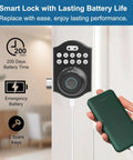 Keyless Smart Lock With Fingerprint And Passcode Plus Tuya App Control Auto Lock Fast 0.3 Second Unlock Stores Up To 100 Fingerprints installed on door with power bank for emergency battery backup