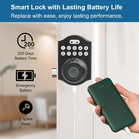 Keyless Smart Lock With Fingerprint And Passcode Plus Tuya App Control Auto Lock Fast 0.3 Second Unlock Stores Up To 100 Fingerprints installed on door with power bank for emergency battery backup