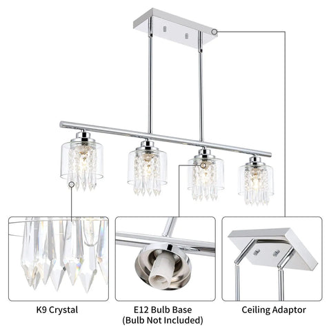 Crystal Pendant Lighting For Kitchen Island, 4 Light Dining Room Fixture with Clear Glass Shades, K9 crystal details, E12 bulb base