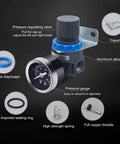 Mini Air Regulator With Gauge 1/4 Inch NPT Thread For Air Compressor And Air Tools, Precise 0-145 PSI Pressure Control with components