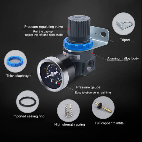Mini Air Regulator With Gauge 1/4 Inch NPT Thread For Air Compressor And Air Tools, Precise 0-145 PSI Pressure Control with components