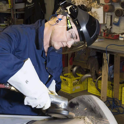 Person using DP4 Face Shield With Lightweight Build, High Impact Crown And Ratchet Headgear For Grinding And Cutting, ANSI Z87.1 Approved